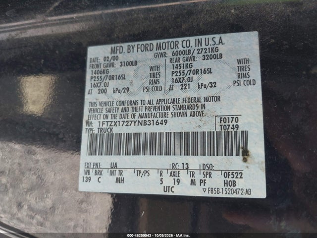 Продаж на аукціоні авто 2000 Ford F-150 Work Series/xl/xlt, vin: 1FTZX1727YNB31649, номер лоту: 46259043