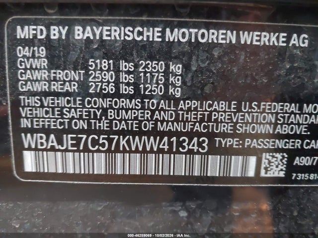 46259069 :رقم المزاد ، WBAJE7C57KWW41343 vin ، 2019 Bmw 540i Xdrive مزاد بيع