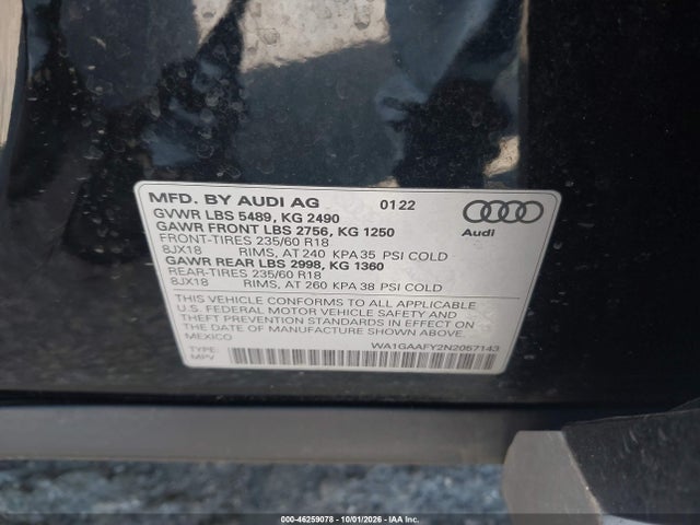 46259078 :رقم المزاد ، WA1GAAFY2N2057143 vin ، 2022 Audi Q5 Premium 45 Tfsi S Line Quattro S Tronic مزاد بيع