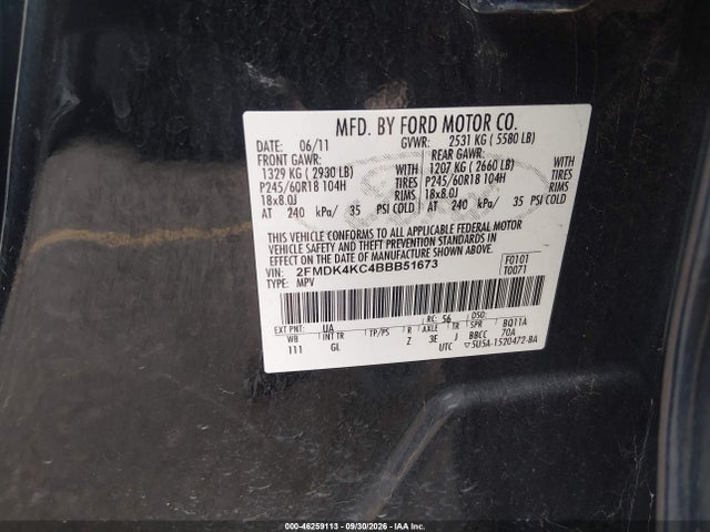 46259113 :رقم المزاد ، 2FMDK4KC4BBB51673 vin ، 2011 Ford Edge Limited مزاد بيع