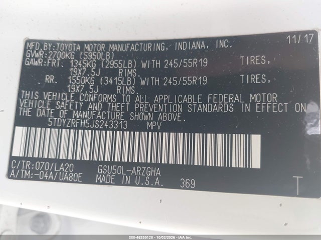 2018 Toyota Highlander Limited Platinum მანქანა იყიდება აუქციონზე, vin: 5TDYZRFH5JS243313, აუქციონის ნომერი: 46259120