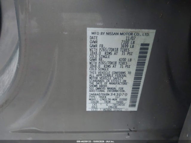 Продаж на аукціоні авто 2008 Nissan Titan Se, vin: 1N6BA07DX8N343070, номер лоту: 46259133