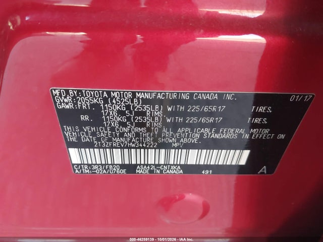 2T3ZFREV7HW344222 Toyota RAV4 LE