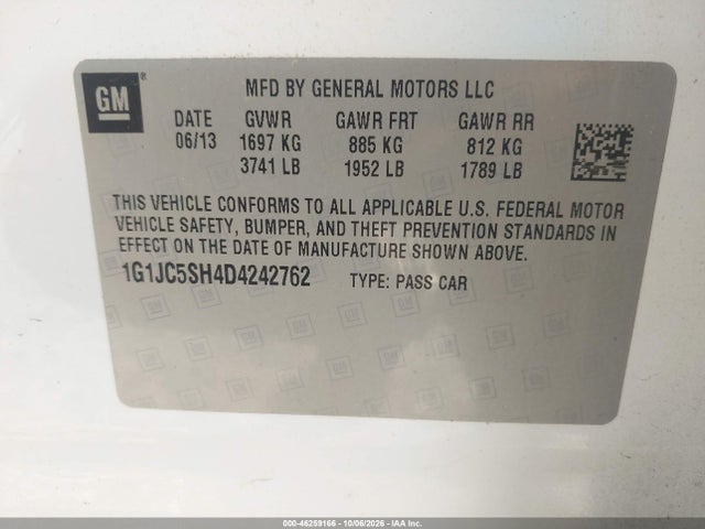 Продаж на аукціоні авто 2013 Chevrolet Sonic Lt Auto, vin: 1G1JC5SH4D4242762, номер лоту: 46259166