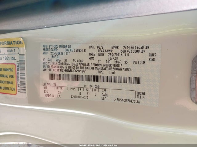Aukcja sprzedaży 2021 Ford Ranger Xl, vin: 1FTER1EH0MLD28197, numer aukcji: 46259168