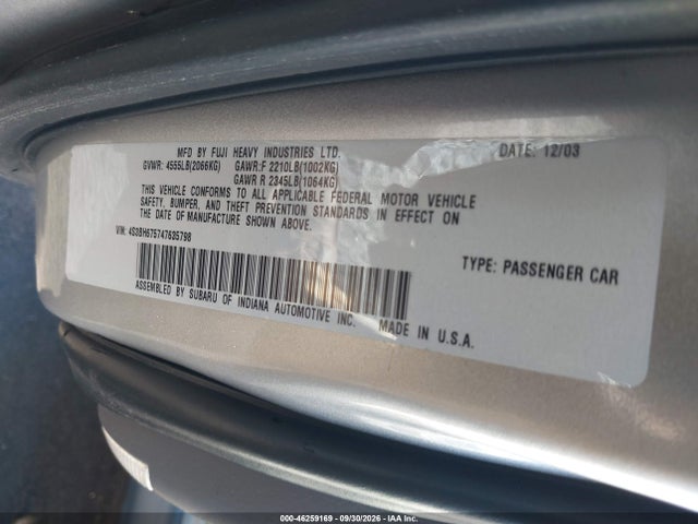2004 Subaru Outback მანქანა იყიდება აუქციონზე, vin: 4S3BH675747635798, აუქციონის ნომერი: 46259169
