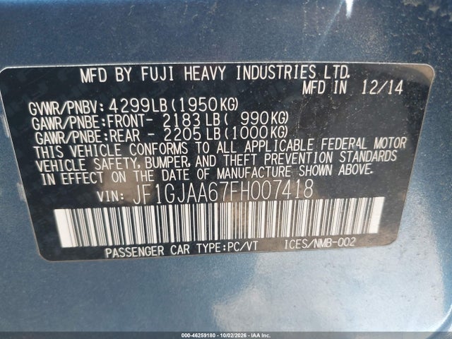 Aukcja sprzedaży 2015 Subaru Impreza 2.0i, vin: JF1GJAA67FH007418, numer aukcji: 46259180