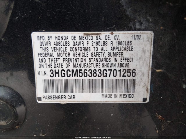 Продаж на аукціоні авто 2003 Honda Accord 2.4 Lx, vin: 3HGCM56383G701256, номер лоту: 46259185