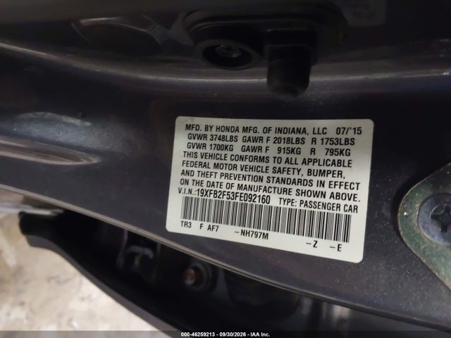 2015 Honda Civic Lx მანქანა იყიდება აუქციონზე, vin: 19XFB2F53FE092160, აუქციონის ნომერი: 46259213
