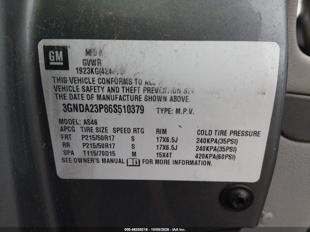 2006 Chevrolet Hhr Lt მანქანა იყიდება აუქციონზე, vin: 3GNDA23P86S510379, აუქციონის ნომერი: 46259216