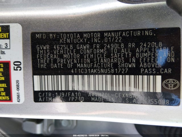 4T1C31AK5NU581727 Toyota Camry Le Hybrid
