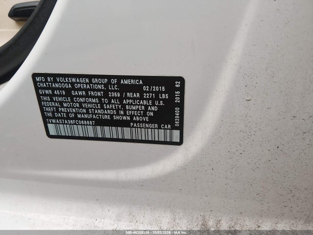 Продажа на аукционе авто 2015 Volkswagen Passat 1.8t Wolfsburg Edition, vin: 1VWAS7A36FC068887, номер лота: 46259236