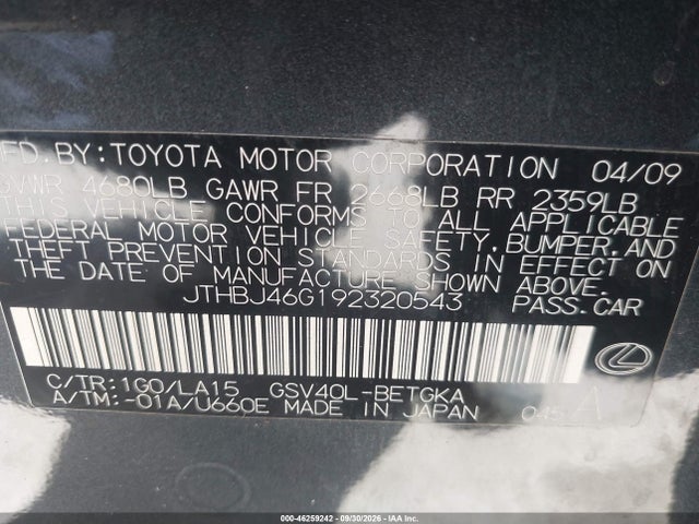 Aukcja sprzedaży 2009 Lexus Es 350, vin: JTHBJ46G192320543, numer aukcji: 46259242