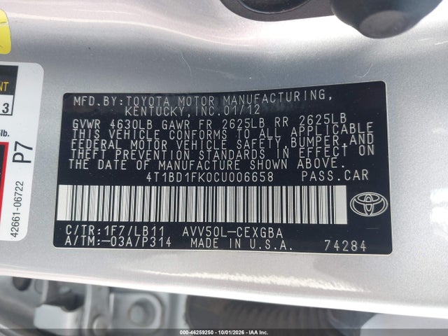 Aukcja sprzedaży 2012 Toyota Camry Hybrid Xle, vin: 4T1BD1FK0CU006658, numer aukcji: 46259250