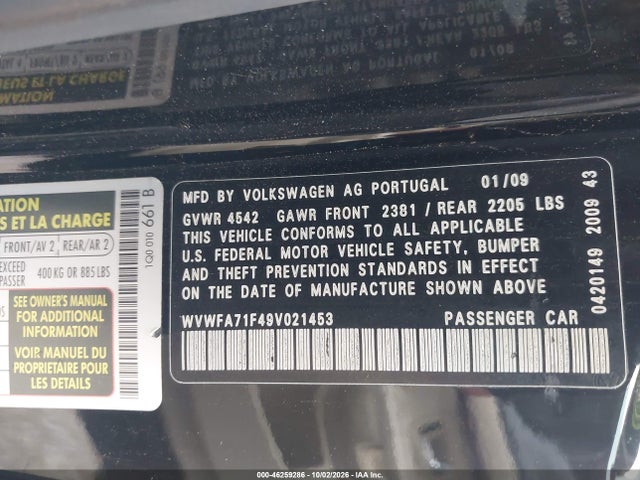 Aukcja sprzedaży 2009 Volkswagen Eos Lux, vin: WVWFA71F49V021453, numer aukcji: 46259286