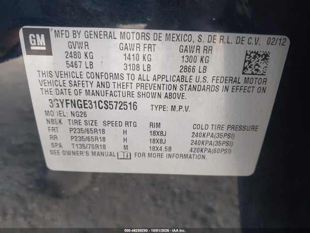 Aukcja sprzedaży 2012 Cadillac Srx Standard, vin: 3GYFNGE31CS572516, numer aukcji: 46259290