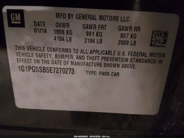 46259295 :رقم المزاد ، 1G1PG5SB5E7270273 vin ، 2014 Chevrolet Cruze Ltz مزاد بيع