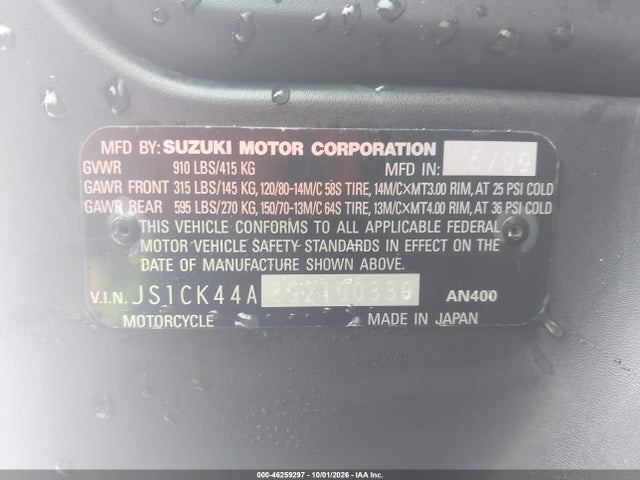 Aukcja sprzedaży 2009 Suzuki An400, vin: JS1CK44A892100330, numer aukcji: 46259297