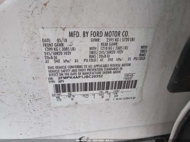 Продаж на аукціоні авто 2018 Ford Edge Sport, vin: 2FMPK4AP1JBC20352, номер лоту: 46259302