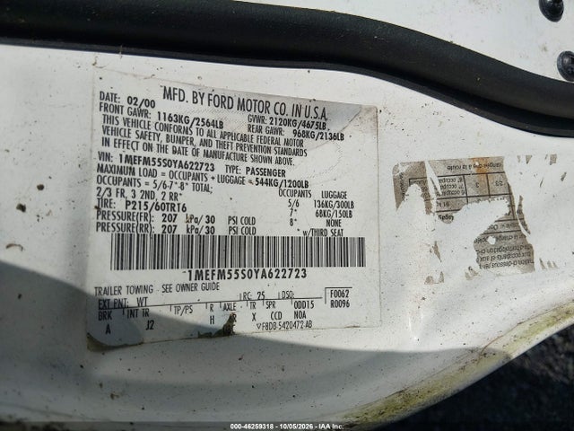 Продаж на аукціоні авто 2000 Mercury Sable Ls Premium, vin: 1MEFM55S0YA622723, номер лоту: 46259318