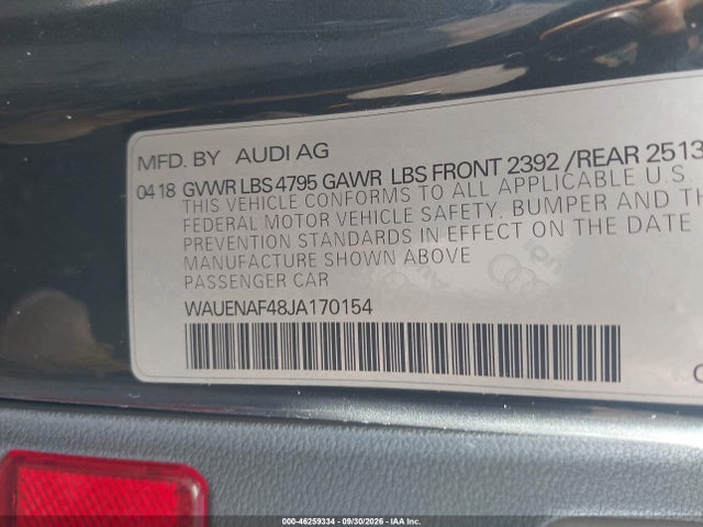 2018 Audi A4 2.0t Premium/2.0t Tech Premium მანქანა იყიდება აუქციონზე, vin: WAUENAF48JA170154, აუქციონის ნომერი: 46259334