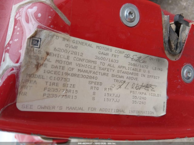 46259337 :رقم المزاد ، 1GCEC19K8RE302840 vin ، 1994 Chevrolet Gmt-400 C1500 مزاد بيع