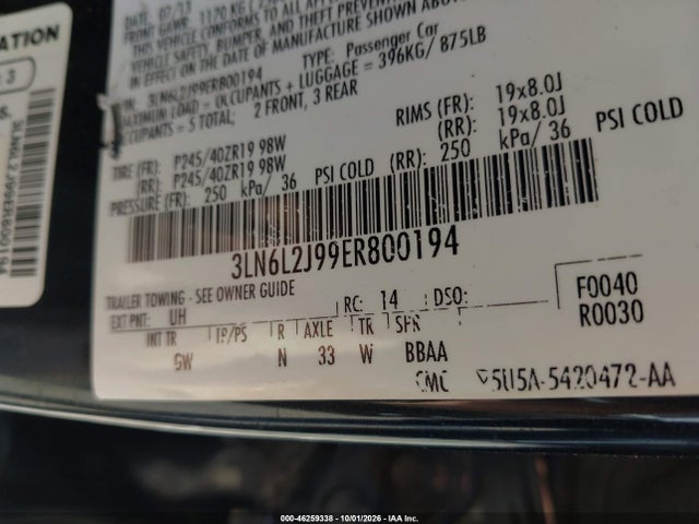 Продажа на аукционе авто 2014 Lincoln Mkz, vin: 3LN6L2J99ER800194, номер лота: 46259338