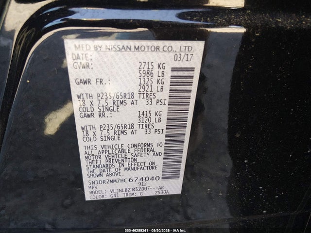 2017 Nissan Pathfinder S მანქანა იყიდება აუქციონზე, vin: 5N1DR2MM7HC674040, აუქციონის ნომერი: 46259341