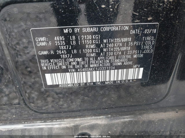 2018 Subaru Outback 2.5i Limited მანქანა იყიდება აუქციონზე, vin: 4S4BSAKC1J3321234, აუქციონის ნომერი: 46259355
