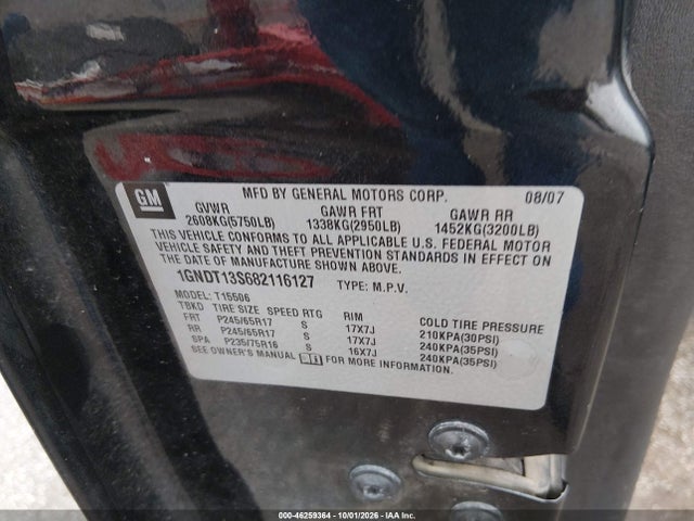 Aukcja sprzedaży 2008 Chevrolet Trailblazer Lt, vin: 1GNDT13S682116127, numer aukcji: 46259364