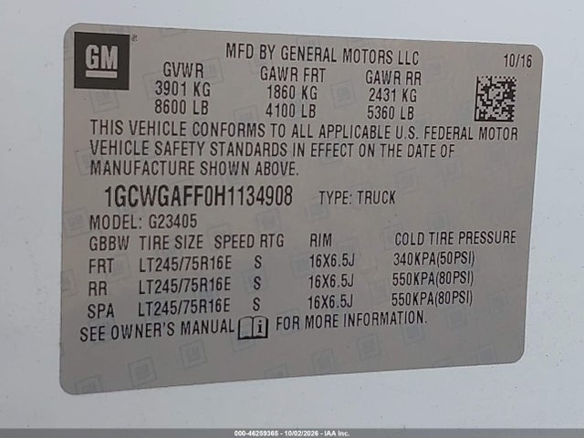 46259365 :رقم المزاد ، 1GCWGAFF0H1134908 vin ، 2017 Chevrolet Express 2500 Work Van مزاد بيع