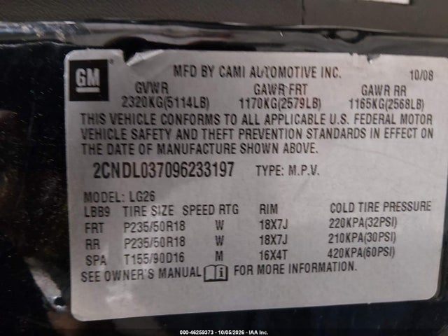 46259373 :رقم المزاد ، 2CNDL037096233197 vin ، 2009 Chevrolet Equinox Sport مزاد بيع