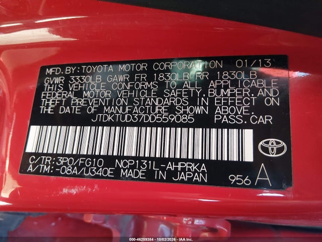 46259384 :رقم المزاد ، JTDKTUD37DD559085 vin ، 2013 Toyota Yaris Le مزاد بيع