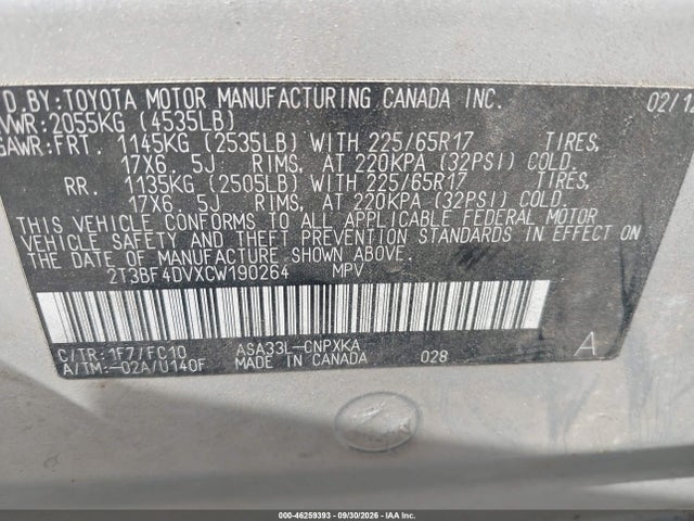 Продажа на аукционе авто 2012 Toyota Rav4, vin: 2T3BF4DVXCW190264, номер лота: 46259393