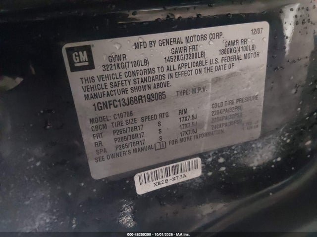 2008 Chevrolet Tahoe Lt მანქანა იყიდება აუქციონზე, vin: 1GNFC13J68R193085, აუქციონის ნომერი: 46259398