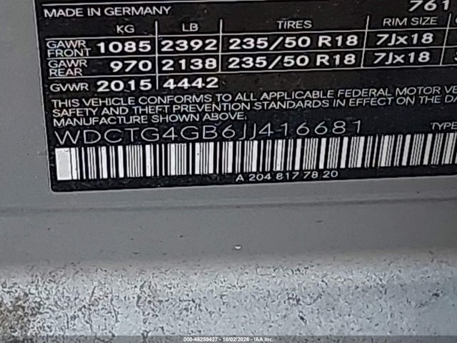 46259427 :رقم المزاد ، WDCTG4GB6JJ416681 vin ، 2018 Mercedes-benz Gla Gla 250 مزاد بيع