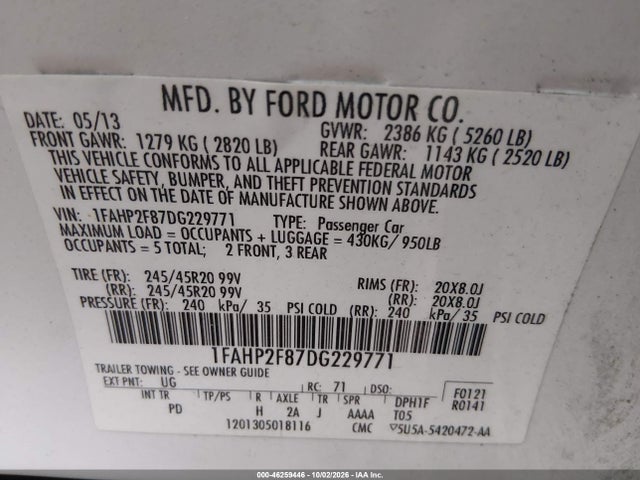 Продажа на аукционе авто 2013 Ford Taurus Limited, vin: 1FAHP2F87DG229771, номер лота: 46259446