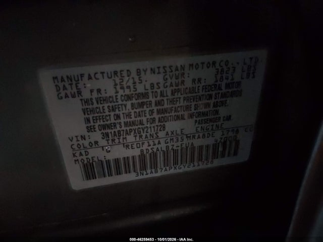 46259453 :رقم المزاد ، 3N1AB7APXGY211728 vin ، 2016 Nissan Sentra S مزاد بيع