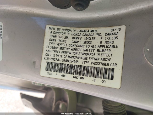 Продаж на аукціоні авто 2010 Honda Civic Lx, vin: 2HGFA1F52AH324548, номер лоту: 46259476