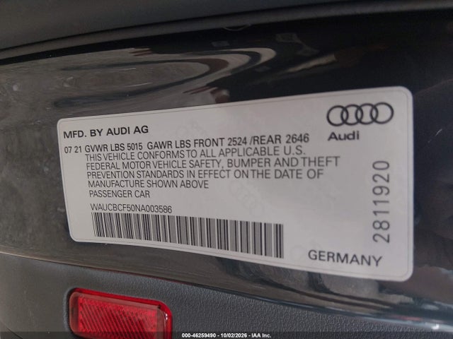 2022 Audi A5 Sportback Premium Plus 40 Tfsi Quattro S Tronic მანქანა იყიდება აუქციონზე, vin: WAUCBCF50NA003586, აუქციონის ნომერი: 46259490