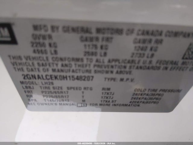 Aukcja sprzedaży 2017 Chevrolet Equinox Lt, vin: 2GNALCEK0H1548207, numer aukcji: 46259496