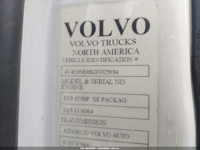 46259499 :رقم المزاد ، 4V4N99EH8GN925934 vin ، 2016 Volvo Vn Vnl مزاد بيع