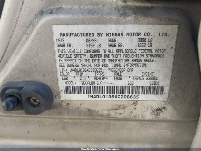 1999 Nissan Altima Gle/gxe/se/se-l/xe მანქანა იყიდება აუქციონზე, vin: 1N4DL01D6XC208635, აუქციონის ნომერი: 46259506