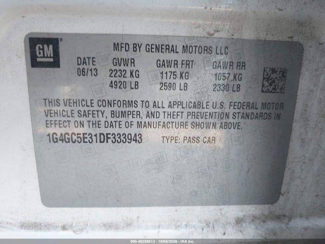 46259513 :رقم المزاد ، 1G4GC5E31DF333943 vin ، 2013 Buick Lacrosse Leather Group مزاد بيع