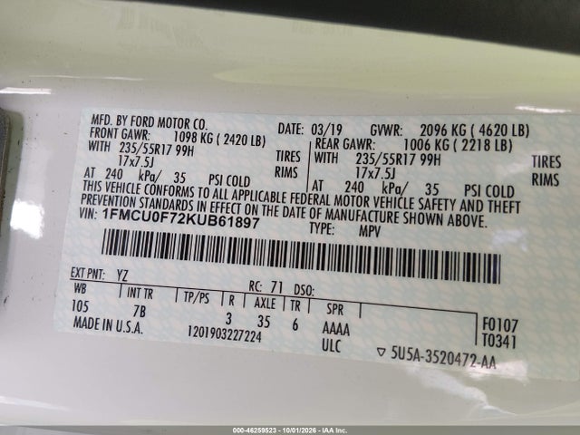 Ford ESCAPE S 2019 1FMCU0F72KUB61897 Image 9