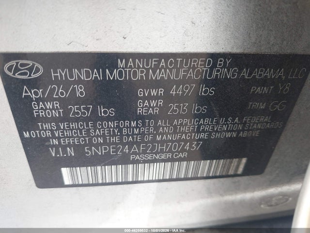 46259532 :رقم المزاد ، 5NPE24AF2JH707437 vin ، 2018 Hyundai Sonata Se مزاد بيع