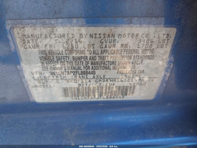 46259549 :رقم المزاد ، 3N1CN7AP2FL888445 vin ، 2015 Nissan Versa 1.6 Sl مزاد بيع