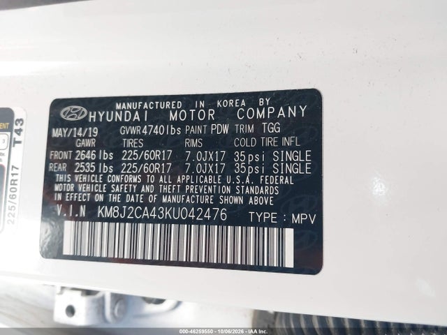 Aukcja sprzedaży 2019 Hyundai Tucson Se, vin: KM8J2CA43KU042476, numer aukcji: 46259550