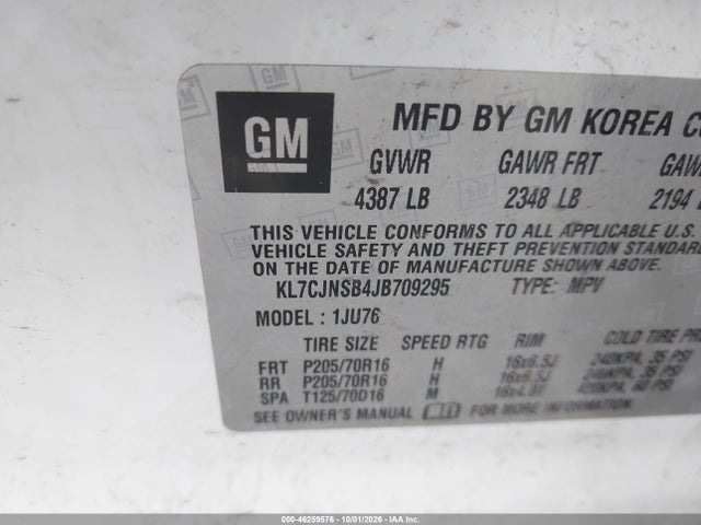 46259576 :رقم المزاد ، KL7CJNSB4JB709295 vin ، 2018 Chevrolet Trax Ls مزاد بيع
