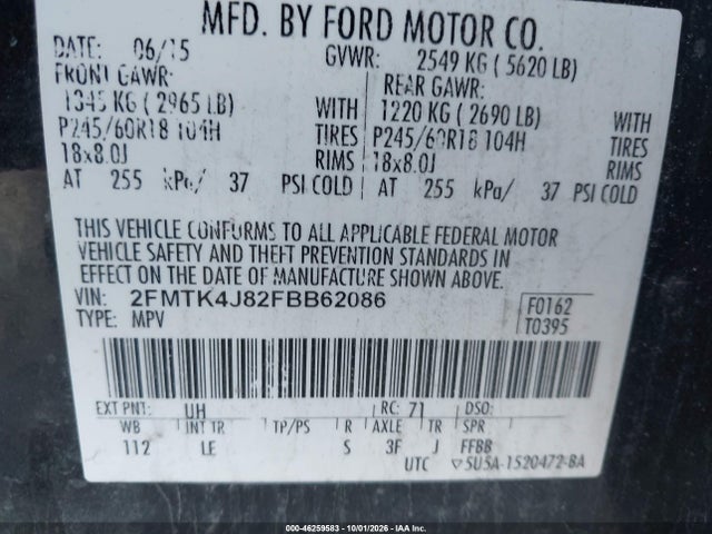 2015 Ford Edge Sel მანქანა იყიდება აუქციონზე, vin: 2FMTK4J82FBB62086, აუქციონის ნომერი: 46259583